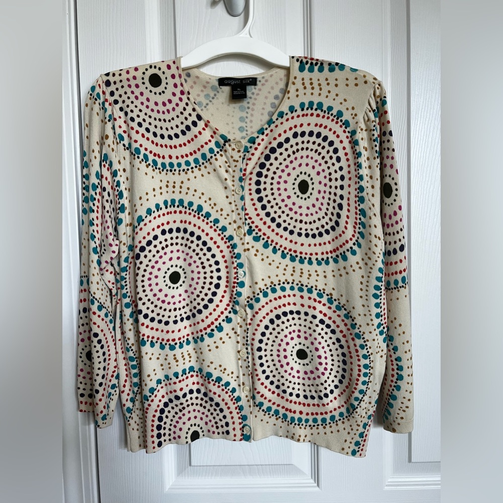 August Silk, Beige Multi-Color Circles Button Down Short Cardigan. X-Large.